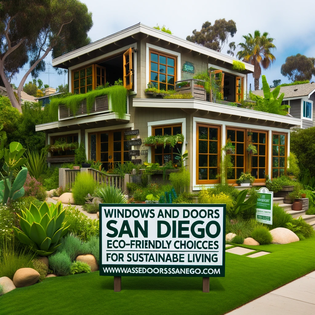 San Diego home with eco-friendly design, large windows, and doors, surrounded by greenery and a 'Windows and Doors San Diego' sign promoting sustainable living.